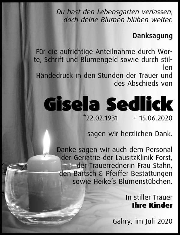 Danksagung Gisela Sedlick