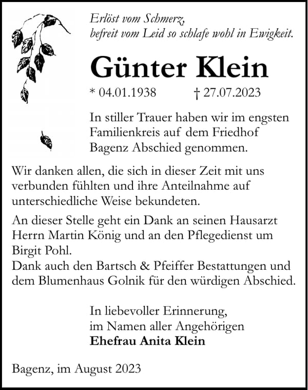 Traueranzeige Günter Klein