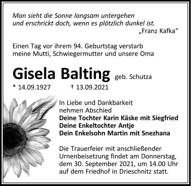 Traueranzeige Gisela Balting, geb. Schutza