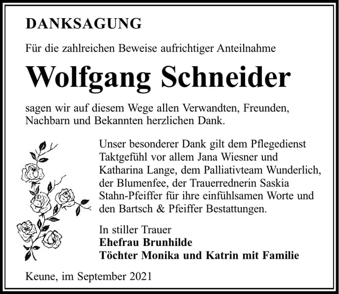 Danksagung Wolfgang Schneider