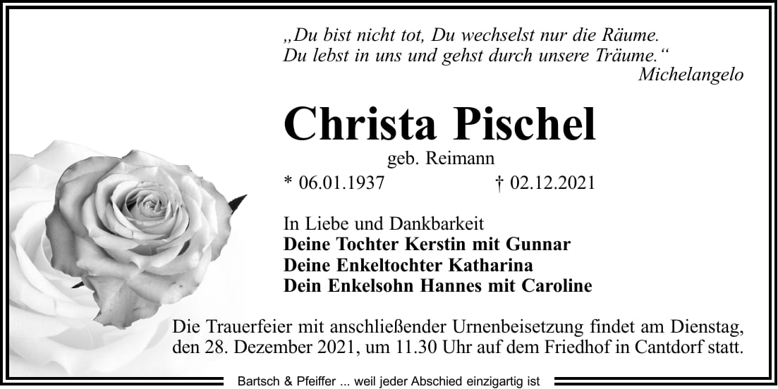 Traueranzeige Christa Pischel, geb. Reimann