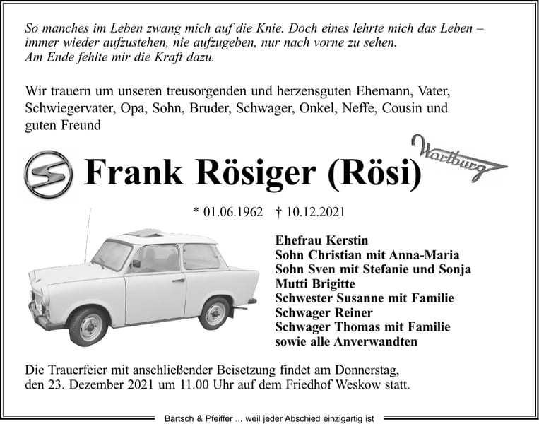 Traueranzeige Frank Rösiger (Rösi)