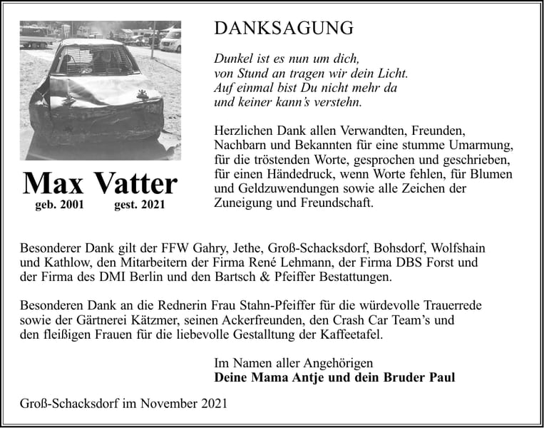 Danksagung Max Vatter