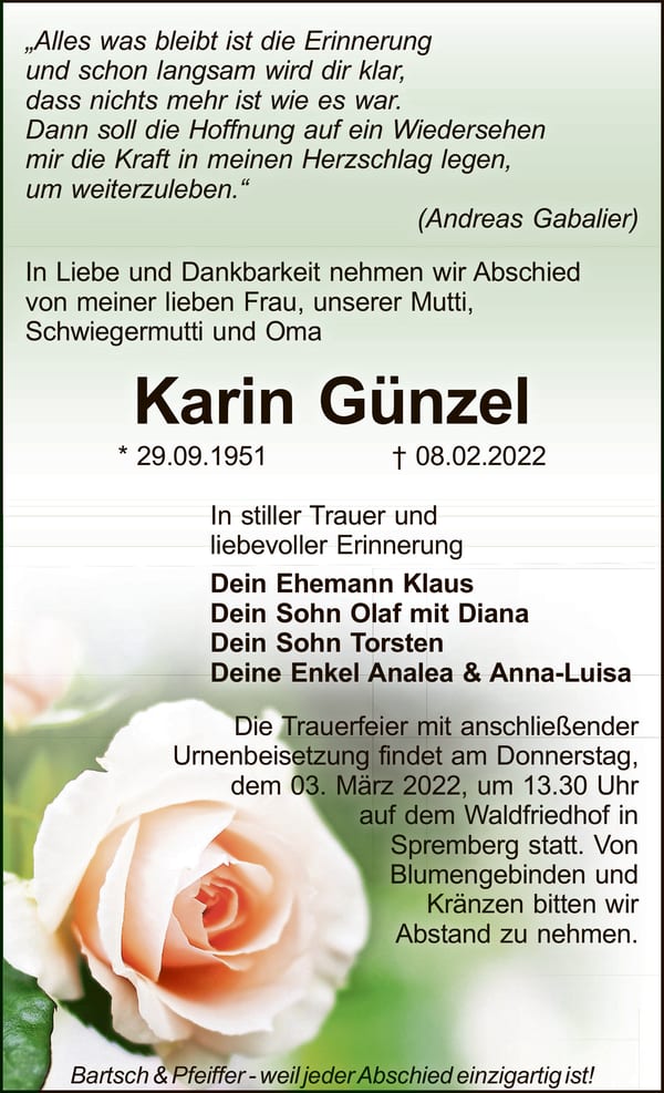 Traueranzeige Karin Günzel
