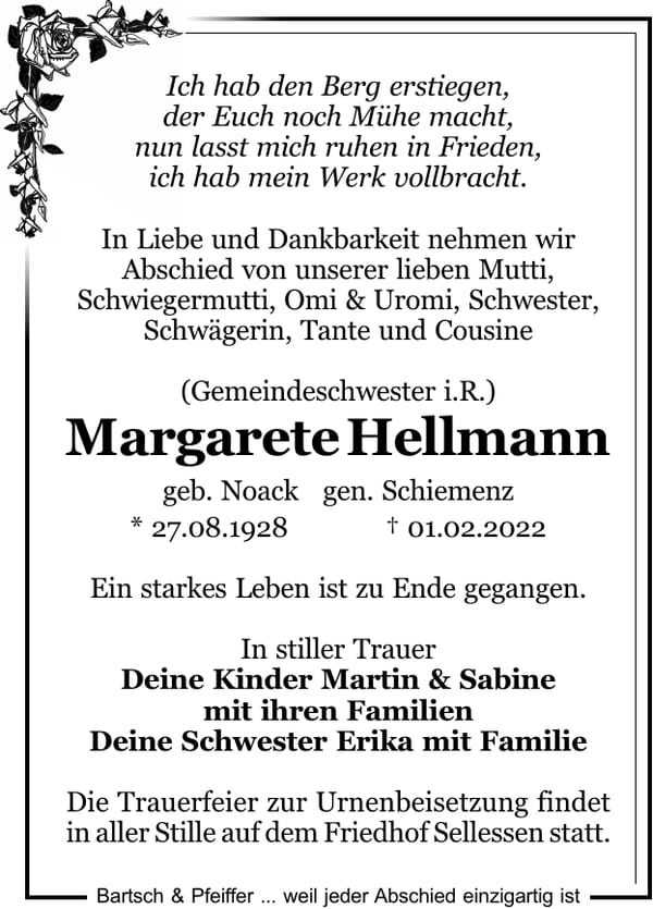 Traueranzeige Margarete Hellmann, geb. Noack
