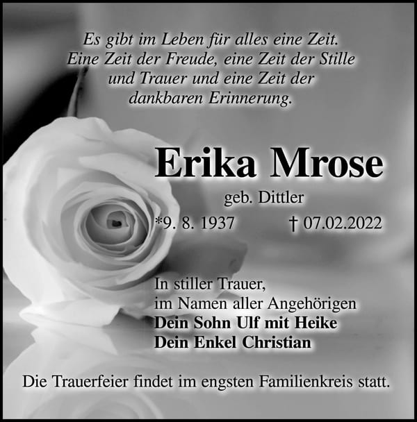 Traueranzeige Erika Mrose, geb. Dittler