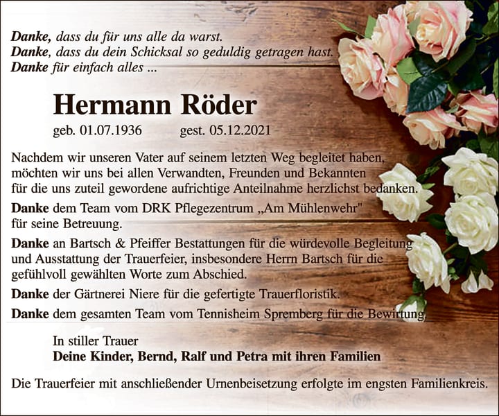 Danksagung Hermann Röder
