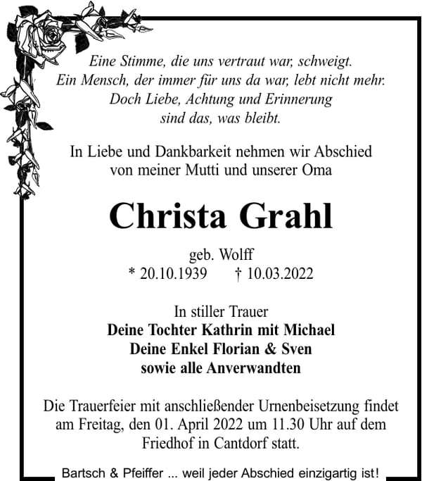 Traueranzeige Christa Grahl, geb. Wolff