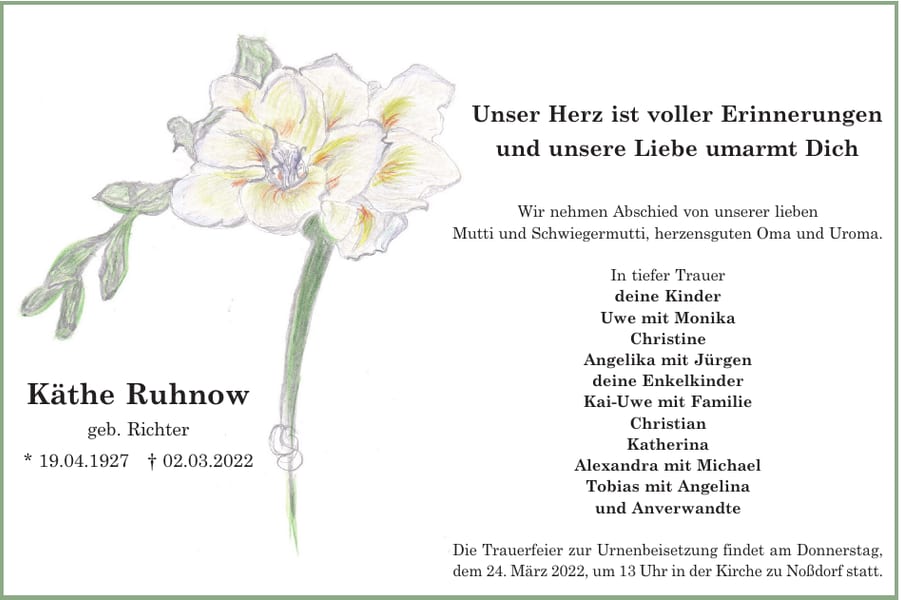 Traueranzeige Käthe Ruhnow, geb. Richter