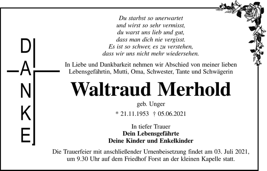 Traueranzeige Waltraud Merhold, geb. Unger