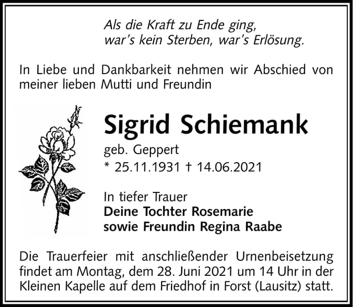 Traueranzeige Sigrid Schiemank, geb. Geppert