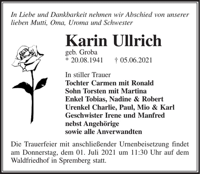 Traueranzeige Karin Ullrich, geb. Groba