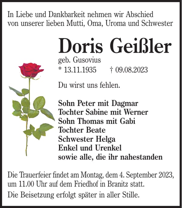 Traueranzeige Doris Geißler, geb. Gusovius