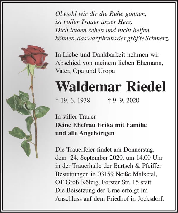 Traueranzeige Waldemar Riedel