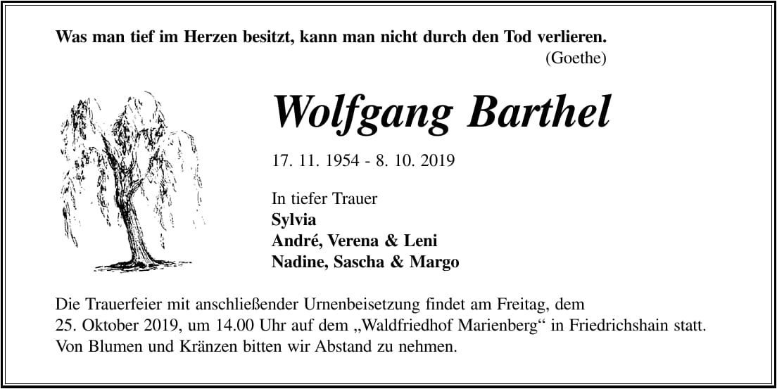 Traueranzeige Wolfgang Barthel