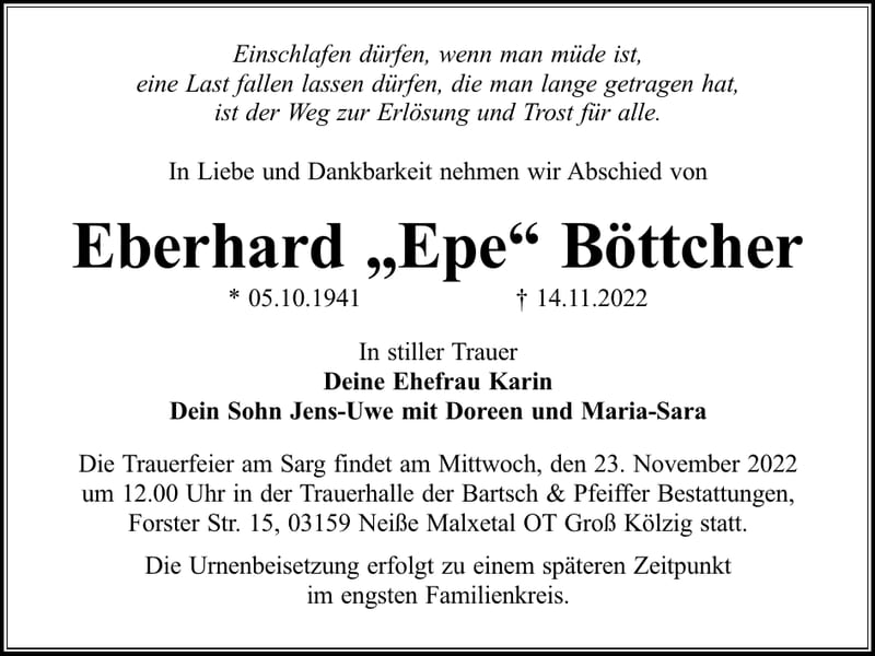 Traueranzeige Eberhard „Epe“ Böttcher