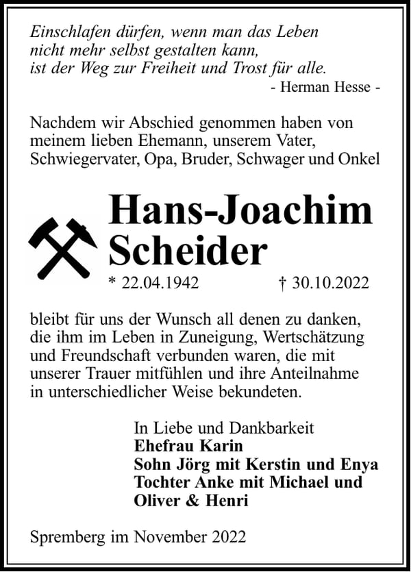 Traueranzeige Hans-Joachim Scheider