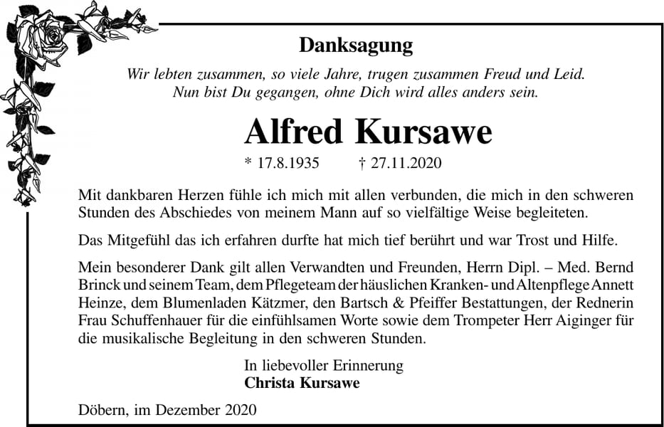 Danksagung Alfred Kursawe