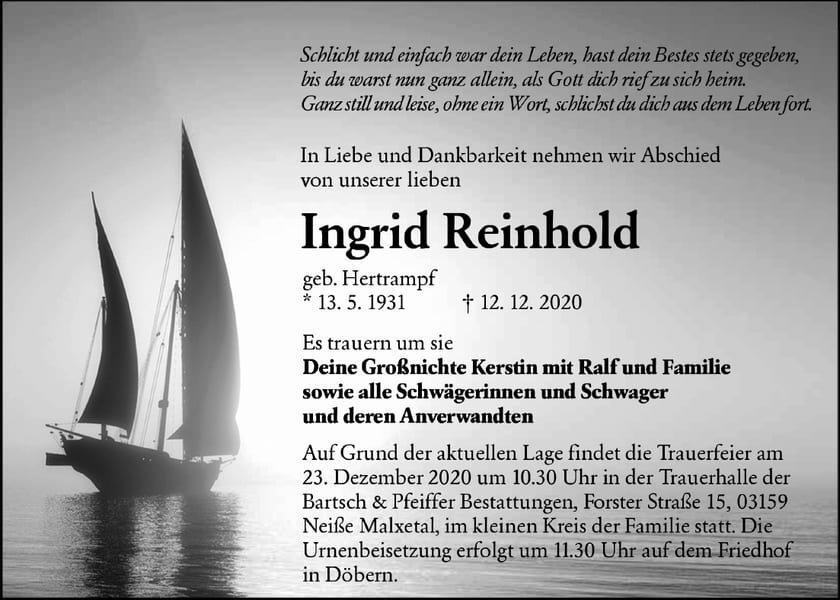 Traueranzeige Ingrid Reinhold, geb. Hertrampf
