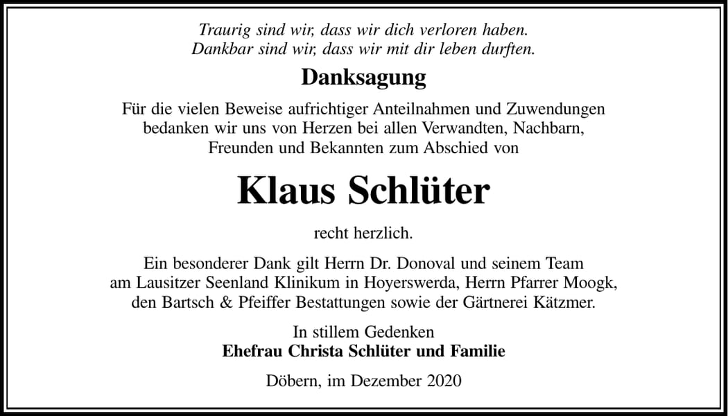 Danksagung Klaus Schlüter