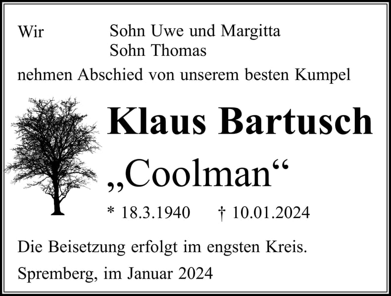 Traueranzeige Klaus Bartusch „Coolman“