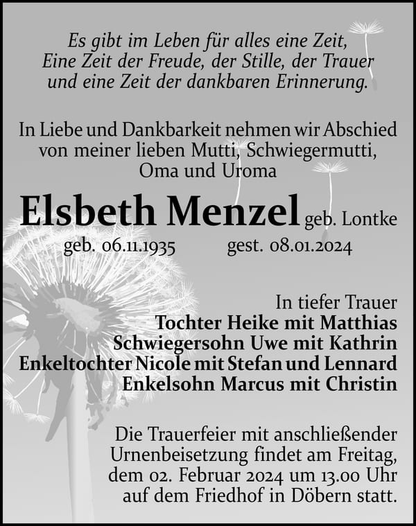 Traueranzeige Elsbeth Menzel, geb. Lontke