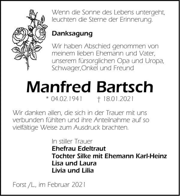 Danksagung Manfred Bartsch