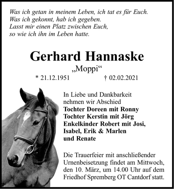 Traueranzeige Gerhard Hannaske