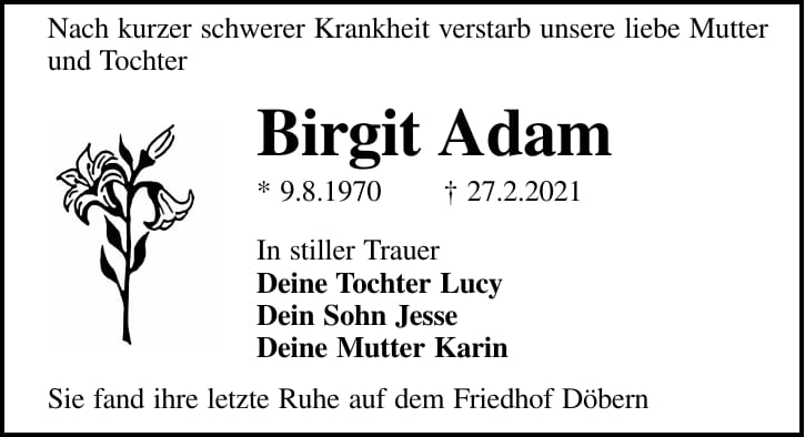 Traueranzeige Birgit Adam