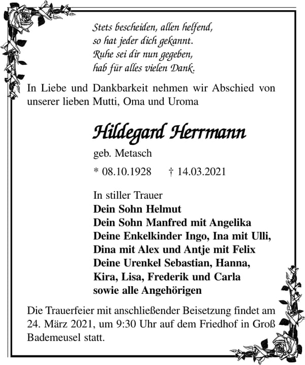 Traueranzeige Hildegard Herrmann, geb. Metasch