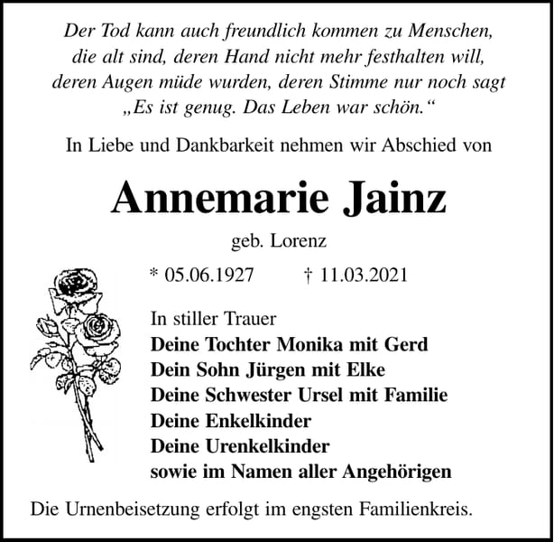 Traueranzeige Annemarie Jainz, geb. Lorenz