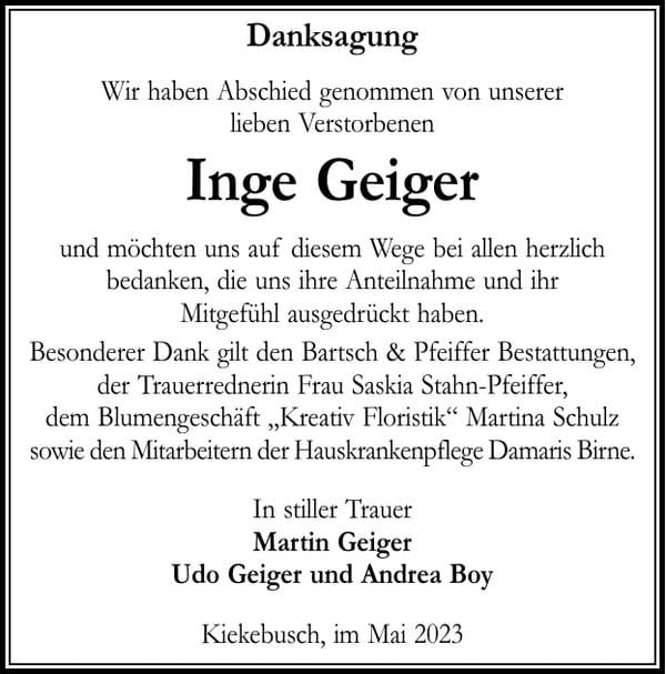 Danksagung Inge Geiger