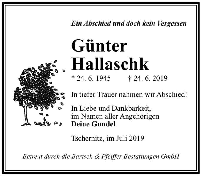 Traueranzeige Günter Hallaschk