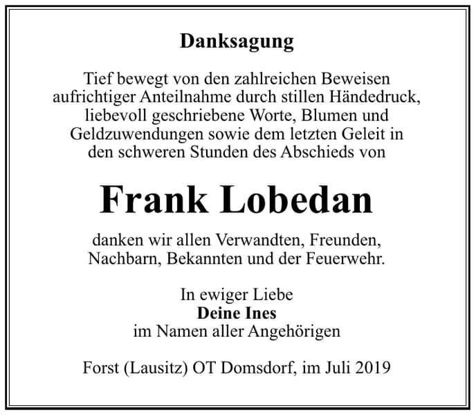 Traueranzeige Frank Lobedan