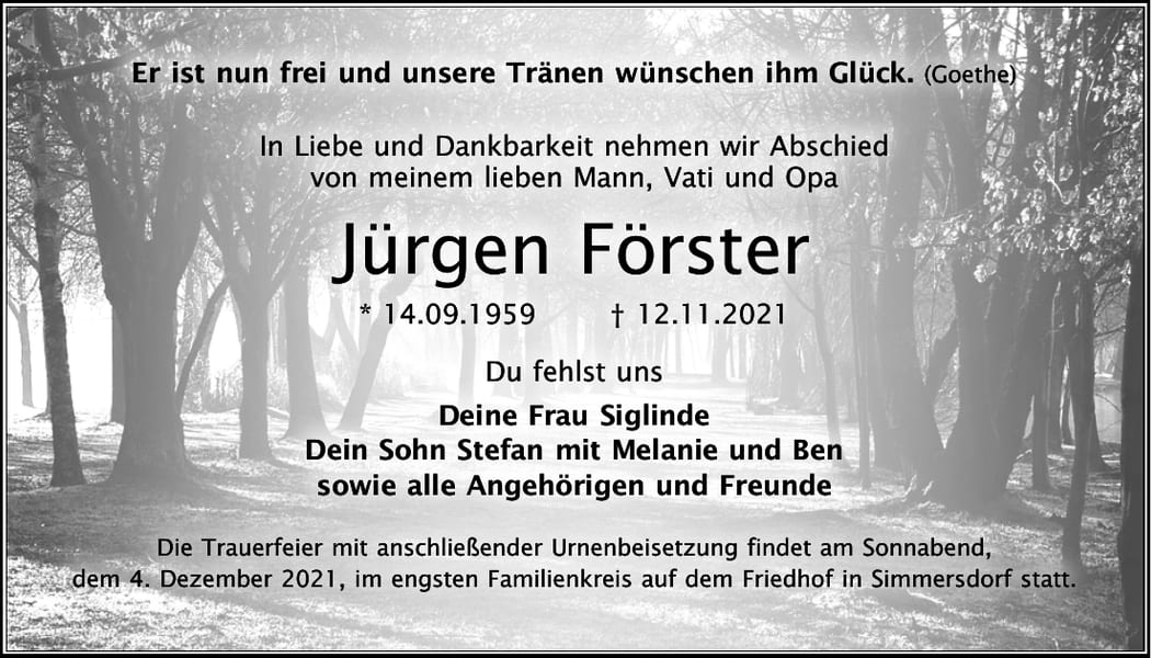 Traueranzeige Jürgen Förster