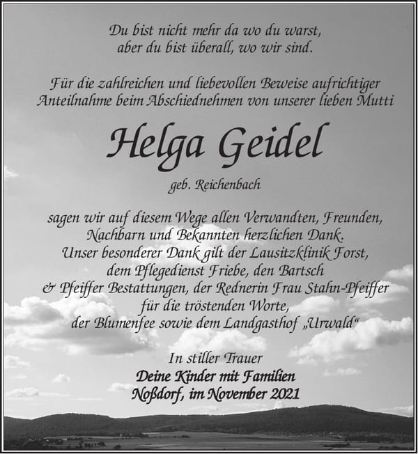 Traueranzeige Helga Geidel, geb. Reichenbach