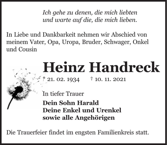 Traueranzeige Heinz Handreck