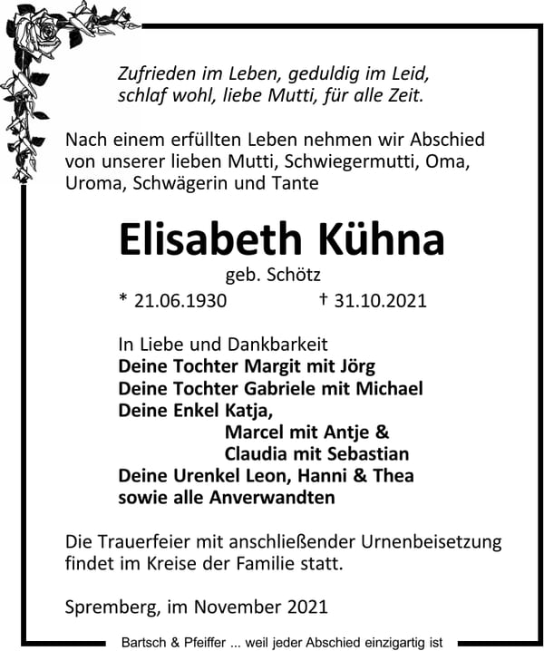 Traueranzeige Elisabeth Kühna, geb. Schötz