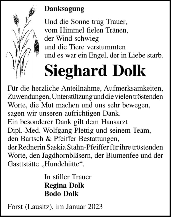 Danksagung Sieghard Dolk