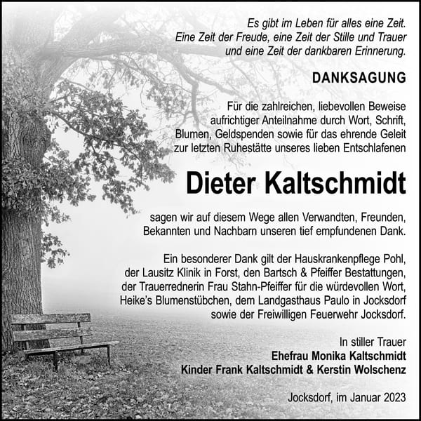 Danksagung Dieter Kaltschmidt
