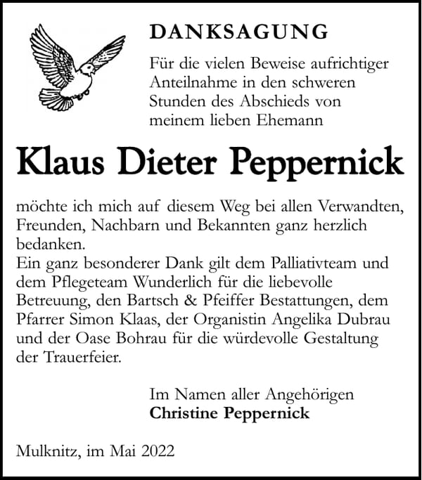 Danksagung Klaus Dieter Peppernick