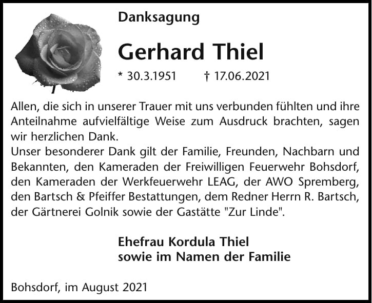 Danksagung Gerhard Thiel