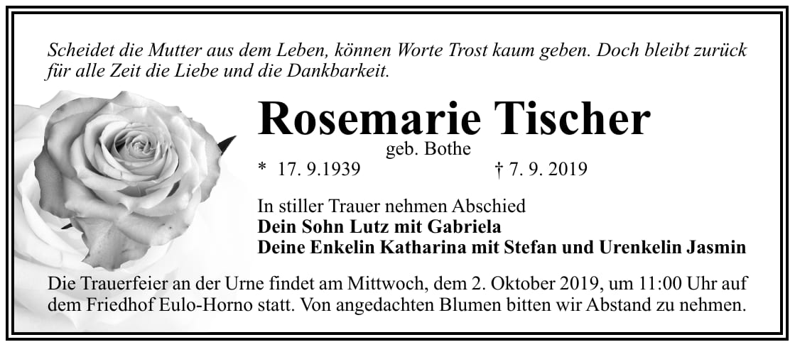Traueranzeige Rosemarie Tischer, geb. Bothe