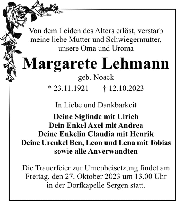 Traueranzeige Margarete Lehmann, geb. Noack