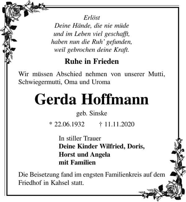 Traueranzeige Gerda Hoffmann, geb. Sinske