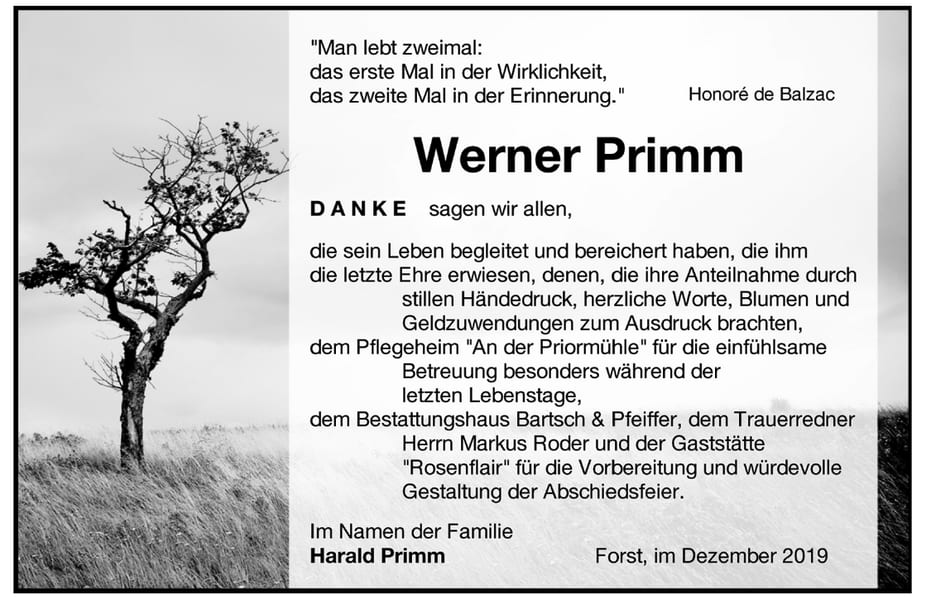 Danksagung Werner Primm