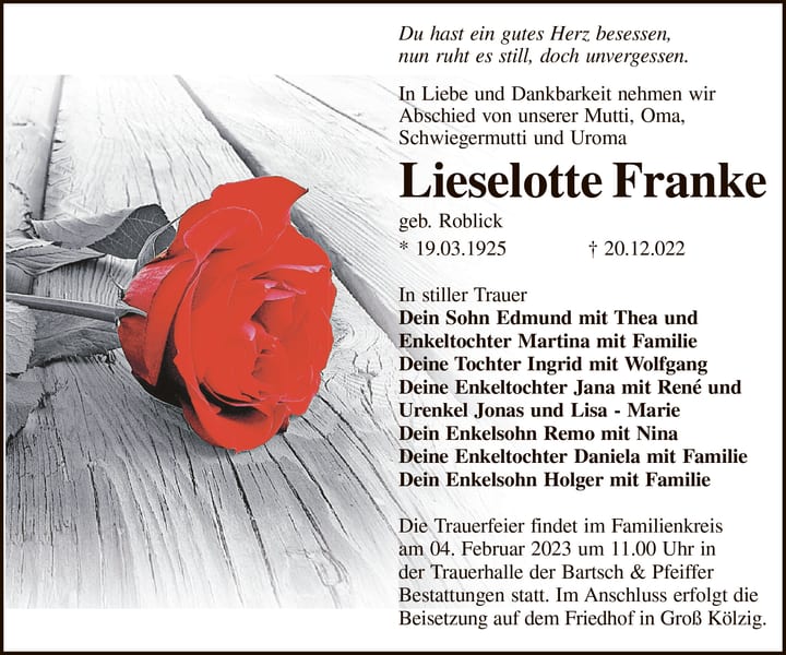 Danksagung Lieselotte Franke, geb. Roblick