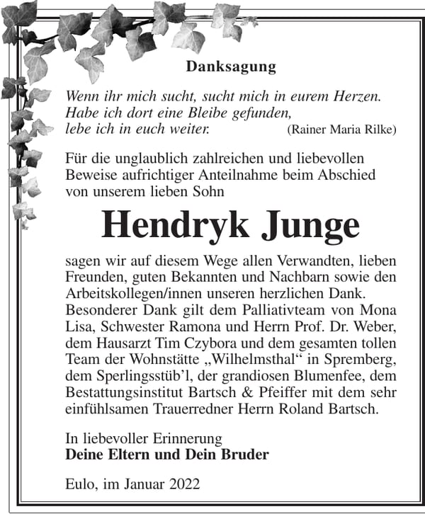 Danksagung Hendryk Junge