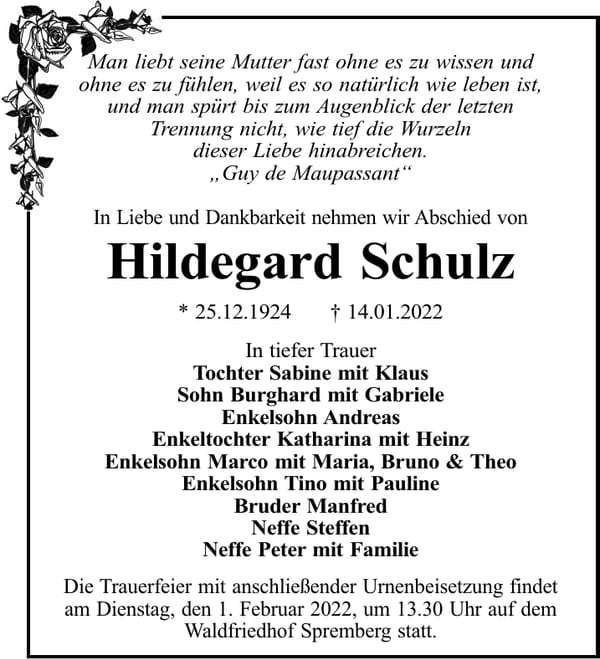Traueranzeige Hildegard Schulz
