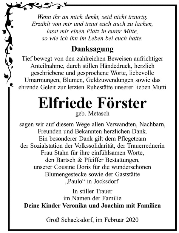 Danksagung Elfriede Förster, geb. Metasch